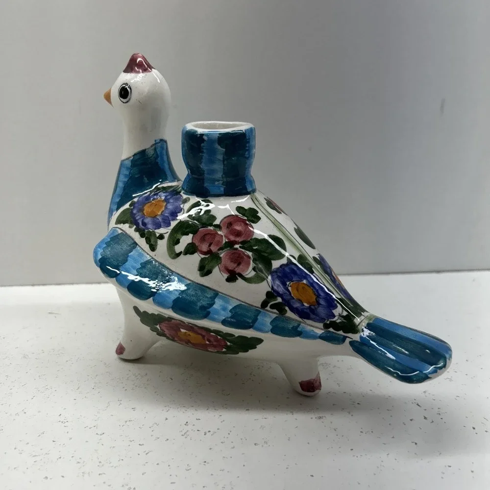 Vintage Skyros Greek Pottery Bird Candle Holder Hand Painted Folk Art Decor
